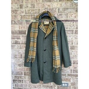 Vintage Zero King Marshall Field Wool Coat Overcoat Scarf Green Plaid Men's 40L